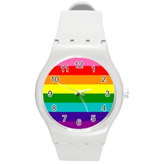Original 8 Stripes Lgbt Pride Rainbow Flag Round Plastic Sport Watch (m) by yoursparklingshop