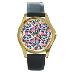 Beautiful floral pattern Round Gold Metal Watch