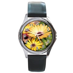 Yellow Flowers Round Metal Watch