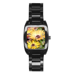 Yellow Flowers Stainless Steel Barrel Watch