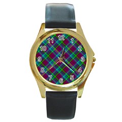 Purple, Green Tartan, Retro Buffalo Plaid Pattern, Classic Tiled Theme Round Gold Metal Watch by Casemiro