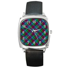Purple, Green Tartan, Retro Buffalo Plaid Pattern, Classic Tiled Theme Square Metal Watch by Casemiro