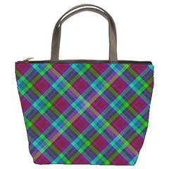 Purple, Green Tartan, Retro Buffalo Plaid Pattern, Classic Tiled Theme Bucket Bag by Casemiro