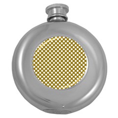 Gold Polka Dots Patterm, Retro Style Dotted Pattern, Classic White Circles Round Hip Flask (5 Oz) by Casemiro