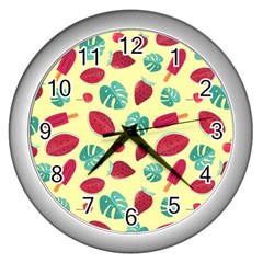 Watermelons, Fruits And Ice Cream, Pastel Colors, At Yellow Wall Clock (silver) by Casemiro