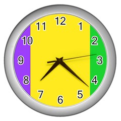 Carnival Mardi Gras Purple Yellow Green Stripes Wall Clock (silver) by yoursparklingshop