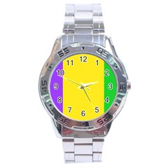 Carnival Mardi Gras Purple Yellow Green Stripes Stainless Steel Analogue Watch by yoursparklingshop