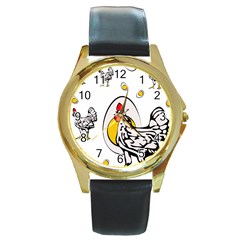 Roseanne Chicken, Retro Chickens Round Gold Metal Watch by EvgeniaEsenina