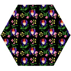 60s Girl Floral Daisy Black Wooden Puzzle Hexagon by snowwhitegirl