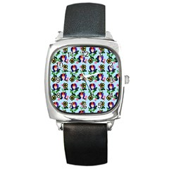 60s Girl Light Blue Floral Daisy Square Metal Watch