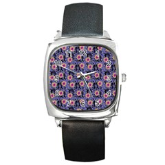 60s Girl Floral Blue Square Metal Watch