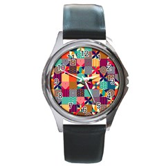 Geometric Mosaic Round Metal Watch by designsbymallika