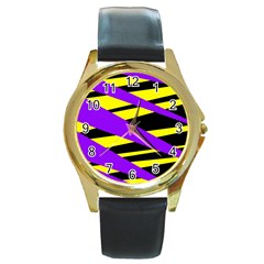 Abstract Triangles, Three Color Dotted Pattern, Purple, Yellow, Black In Saturated Colors Round Gold Metal Watch by Casemiro