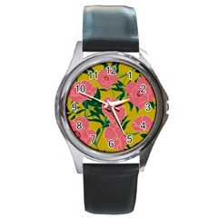 Pink Flower Seamless Pattern Round Metal Watch