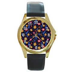 Floral Pattern Dark Round Gold Metal Watch by originaljewelleryandwatches