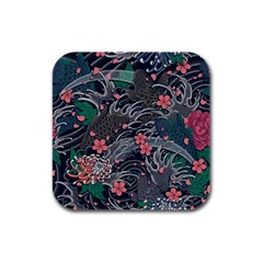 Japanese Wave Koi Illustration Seamless Pattern Rubber Square Coaster (4 Pack)  by Amaryn4rt
