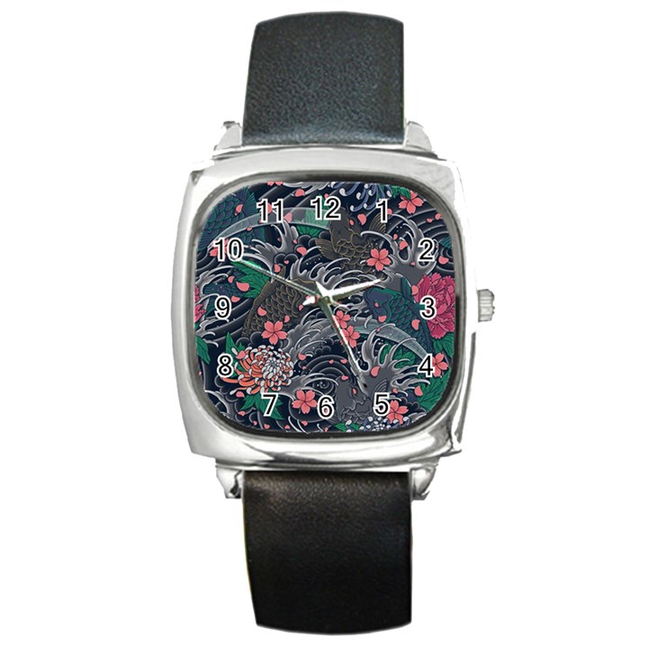 Japanese Wave Koi Illustration Seamless Pattern Square Metal Watch