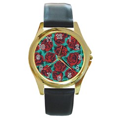 Vintage Floral Colorful Seamless Pattern Round Gold Metal Watch by Amaryn4rt