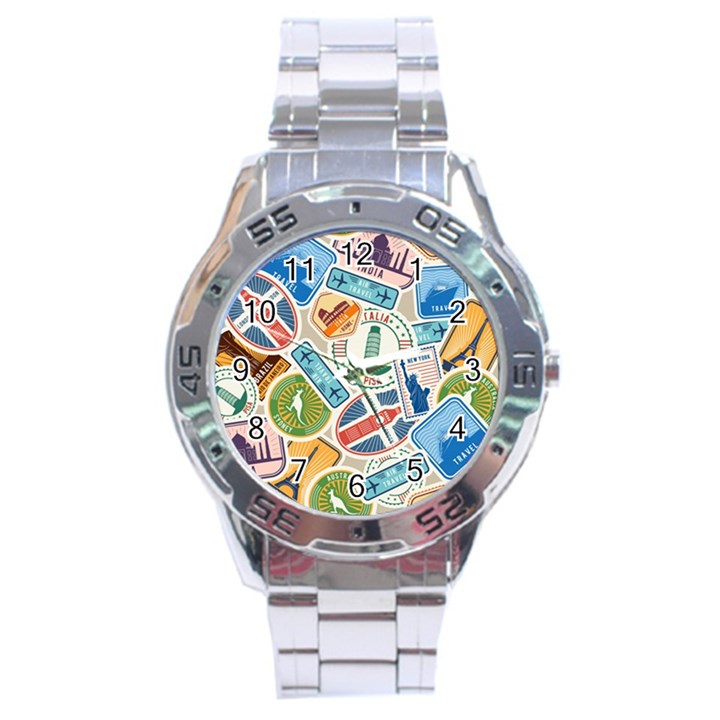 Travel Pattern Immigration Stamps Stickers With Historical Cultural Objects Travelling Visa Immigrant Stainless Steel Analogue Watch