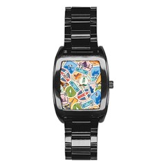 Travel Pattern Immigration Stamps Stickers With Historical Cultural Objects Travelling Visa Immigrant Stainless Steel Barrel Watch by Amaryn4rt