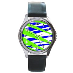 Abstract triangles pattern, dotted stripes, grunge design in light colors Round Metal Watch