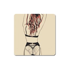 Sweetest Tease - Perfect Redhead Girl In Black Lingerie, Sensual Illustration Square Magnet by Casemiro