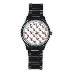 Poppies Pattern, Poppy Flower Symetric Theme, Floral Design Stainless Steel Round Watch