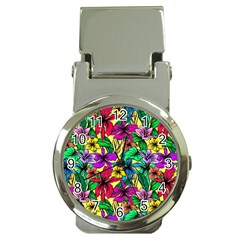 Hibiscus Flowers Pattern, Floral Theme, Rainbow Colors, Colorful Palette Money Clip Watches by Casemiro