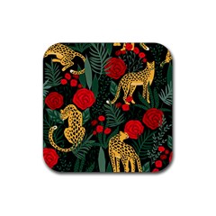 Seamless-pattern-with-leopards-and-roses-vector Rubber Coaster (square)  by Sobalvarro