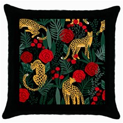 Seamless-pattern-with-leopards-and-roses-vector Throw Pillow Case (black) by Sobalvarro