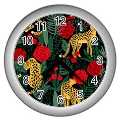 Seamless-pattern-with-leopards-and-roses-vector Wall Clock (silver) by Sobalvarro