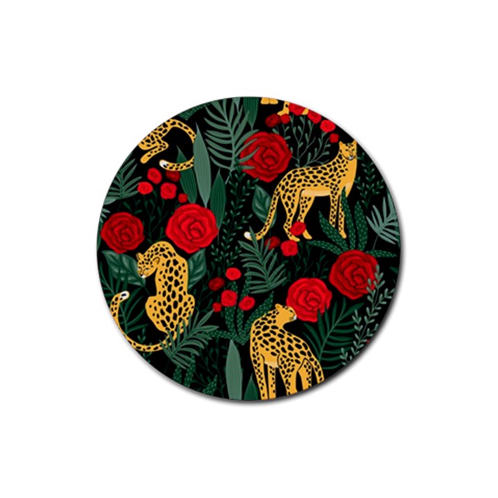 Seamless-pattern-with-leopards-and-roses-vector Rubber Coaster (Round) 