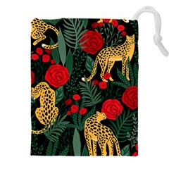 Seamless-pattern-with-leopards-and-roses-vector Drawstring Pouch (4xl) by Sobalvarro