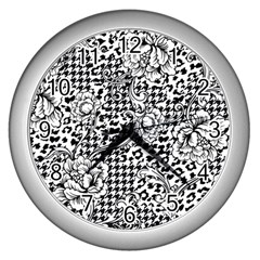 Vector-eclectic-fabric-seamless-pattern-animal-and-plaid-background-with-baroque-ornament Wall Clock (silver) by Sobalvarro