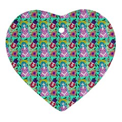 Blue Haired Girl Pattern Green Heart Ornament (two Sides) by snowwhitegirl