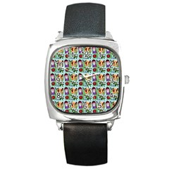 Purple Glasses Girl Pattern Blue Square Metal Watch