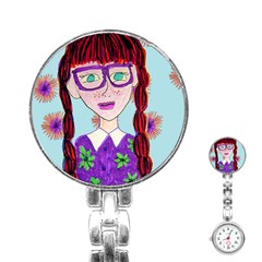 Purple Glasses Girl Wall Stainless Steel Nurses Watch