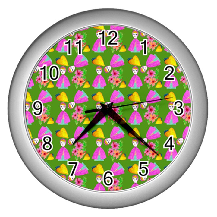 Girl With Hood Cape Heart Lemon Pattern Green Wall Clock (Silver)