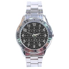 Ethnic Black And White Geometric Print Stainless Steel Analogue Watch