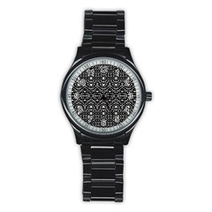 Ethnic Black And White Geometric Print Stainless Steel Round Watch