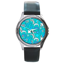Cloudy Blue Moon Round Metal Watch