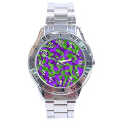 Purple And Green Camouflage Stainless Steel Analogue Watch by SpinnyChairDesigns