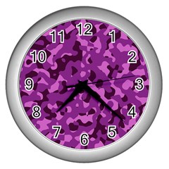 Dark Purple Camouflage Pattern Wall Clock (silver) by SpinnyChairDesigns