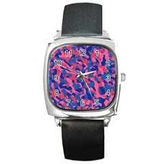 Blue And Pink Camouflage Pattern Square Metal Watch by SpinnyChairDesigns