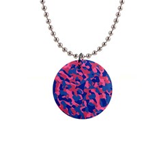 Blue And Pink Camouflage Pattern 1  Button Necklace by SpinnyChairDesigns