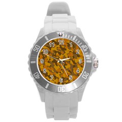 Brown And Orange Camouflage Round Plastic Sport Watch (l) by SpinnyChairDesigns