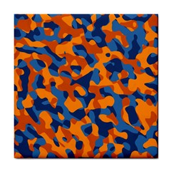 Blue And Orange Camouflage Pattern Tile Coaster by SpinnyChairDesigns