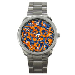 Blue And Orange Camouflage Pattern Sport Metal Watch by SpinnyChairDesigns
