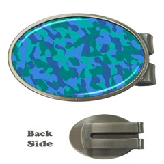 Blue Turquoise Teal Camouflage Pattern Money Clips (oval)  by SpinnyChairDesigns