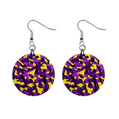 Purple And Yellow Camouflage Pattern Mini Button Earrings by SpinnyChairDesigns